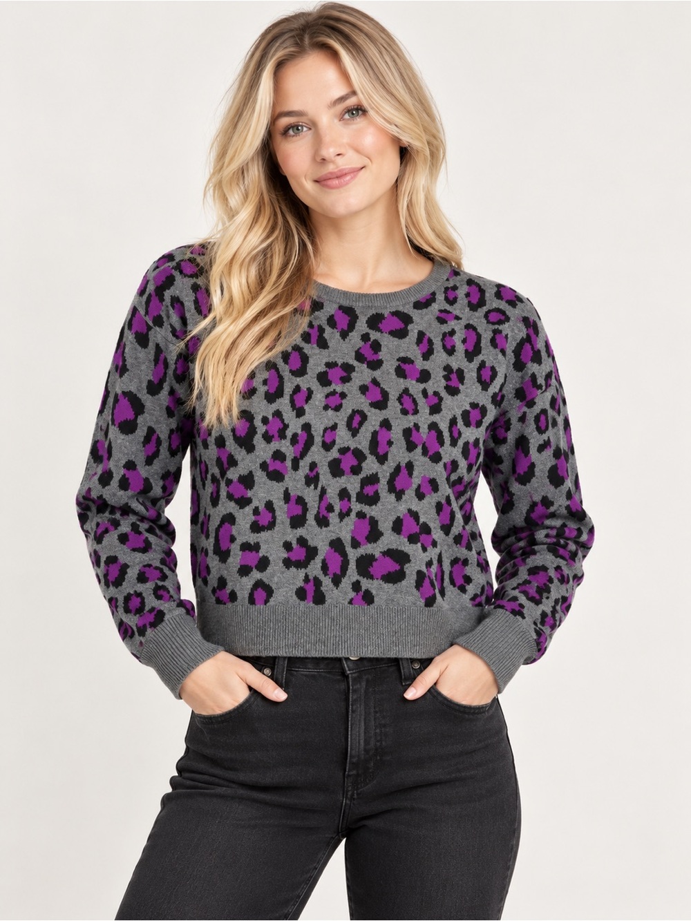 Aeropostale Gray Crewneck Sweater with Purple Leopard Print